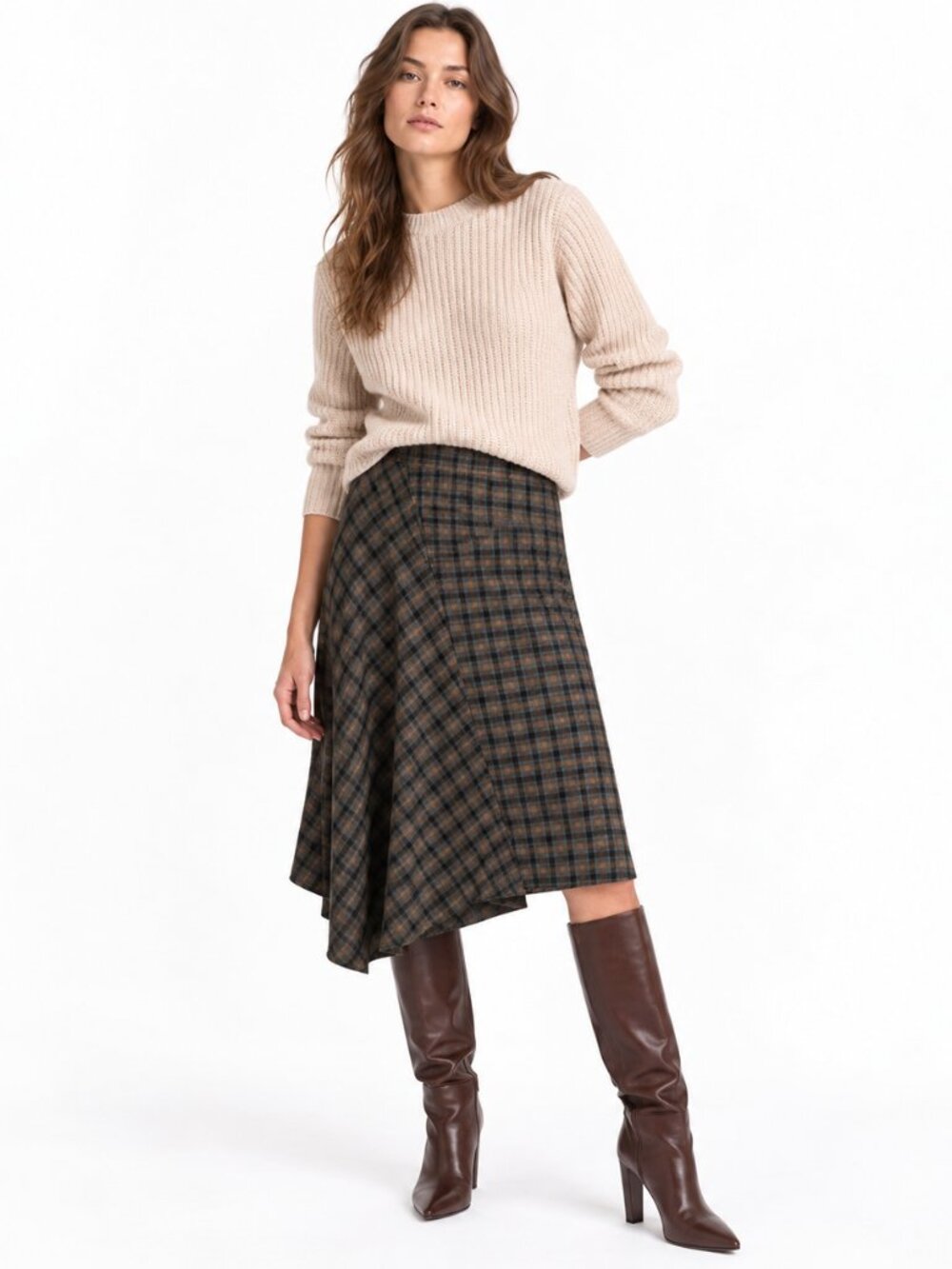 Vince Womens Plaid Brown Asymmetrical Wrap Midi Skirt 4 Wool Blend Dark Academia